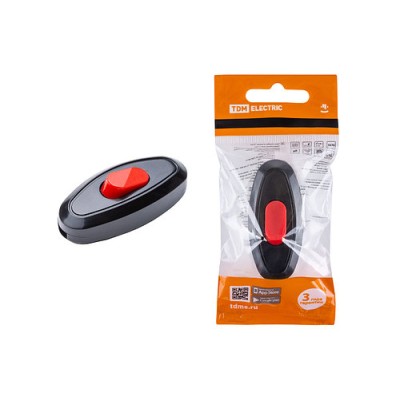 Выключатель на шнур 6А 250В черный с красной кнопкой TDM Выключатель на шнур 6А 250В черный с красной кнопкой TDM