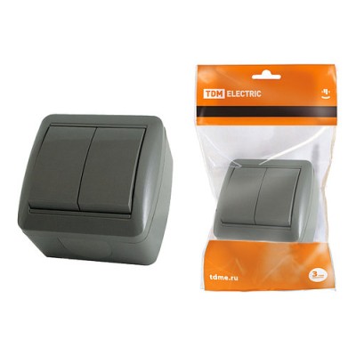Выключатель 2-кл. открытой установки IP44 10А серый "Селигер" TDM Выключатель 2-кл. открытой установки IP44 10А серый "Селигер" TDM