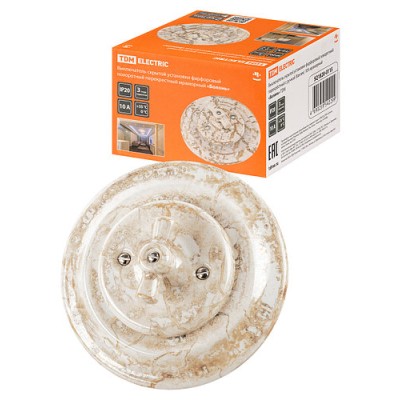 Выключатель скрытой установки фарфоровый поворотный перекрёстный с ручкой (бантик) 10А мраморный «Болонь» TDM Выключатель скрытой установки фарфоровый поворотный перекрёстный с ручкой (бантик) 10А мраморный «Болонь» TDM