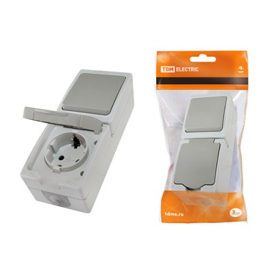 Блок (вертикальный) выключатель 1-кл. + розетка 2П+З с з/ш БКВР IP54 серый "Вуокса" TDM Блок (вертикальный) выключатель 1-кл. + розетка 2П+З с з/ш БКВР IP54 серый "Вуокса" TDM