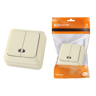 Выключатель 2-кл. открытой установки с подсветкой IP20 10А, сл. кость "Ладога" TDM Выключатель 2-кл. открытой установки с подсветкой IP20 10А, сл. кость "Ладога" TDM