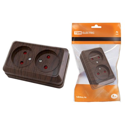 Розетка двойная 2П открытой установки с з/ш IP20 10А, бук "Ладога" TDM Розетка двойная 2П открытой установки с з/ш IP20 10А, бук "Ладога" TDM