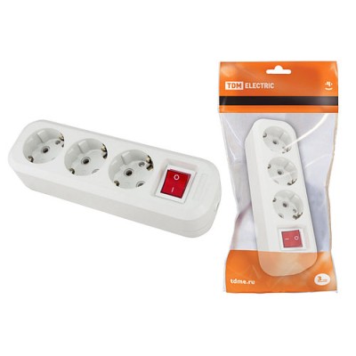 Колодка розеточная 3 гнезда 2П+3 c выключателем 16А 250В белая TDM Колодка розеточная 3 гнезда 2П+3 c выключателем 16А 250В белая TDM