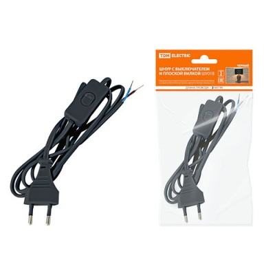 Шнур с выключателем и плоской вилкой ШУ01В ШВВП 2х0,75мм2 2м. черный TDM Шнур с выключателем и плоской вилкой ШУ01В ШВВП 2х0,75мм2 2м. черный TDM