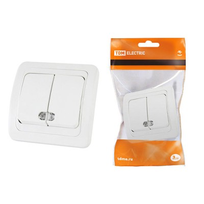 Выключатель 2-кл. с подсветкой 10А белый "Валдай" TDM Выключатель 2-кл. с подсветкой 10А белый "Валдай" TDM