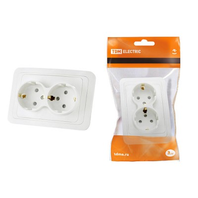 Розетка двойная 2П+З 16А c защитными шторками белая "Валдай" TDM Розетка двойная 2П+З 16А c защитными шторками белая "Валдай" TDM