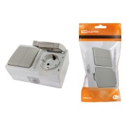 Блок (горизонтальный) выключатель 2-кл. + розетка 2П+З с з/ш БКВР IP54 серый "Вуокса" TDM