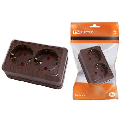 Розетка двойная 2П+З открытой установки с з/ш IP20 16А, бук "Ладога" TDM Розетка двойная 2П+З открытой установки с з/ш IP20 16А, бук "Ладога" TDM