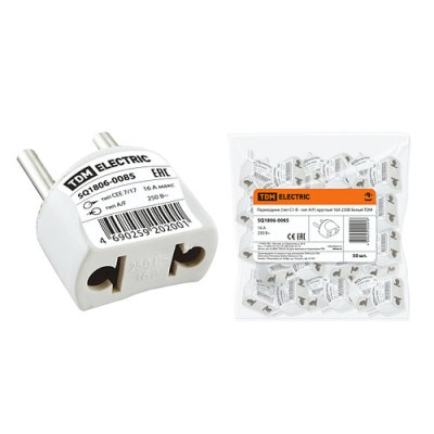 Переходник (тип С1-В - тип A/F) круглый 16A 250В белый TDM Переходник (тип С1-В - тип A/F) круглый 16A 250В белый TDM