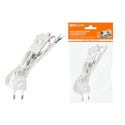 Шнур с выключателем и плоской вилкой с вырезом ШУ03В ШВВП 2х0,75мм2 2 м. белый TDM Шнур с выключателем и плоской вилкой с вырезом ШУ03В ШВВП 2х0,75мм2 2 м. белый TDM