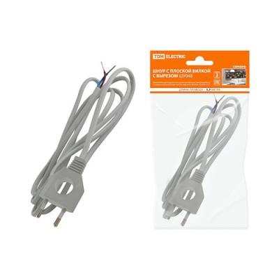 Шнур с плоской вилкой с вырезом ШУ04 ШВВП 2х0,75мм2 1,7 м. серебр. металлик TDM Шнур с плоской вилкой с вырезом ШУ04 ШВВП 2х0,75мм2 1,7 м. серебр. металлик TDM