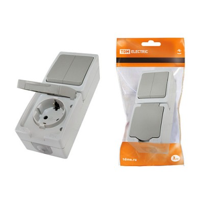 Блок (вертикальный) выключатель 2-кл. + розетка 2П+З с з/ш БКВР IP54 серый "Вуокса" TDM Блок (вертикальный) выключатель 2-кл. + розетка 2П+З с з/ш БКВР IP54 серый "Вуокса" TDM