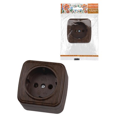 Розетка 2П+З открытой установки IP20 16А, венге "Дача" Народная Розетка 2П+З открытой установки IP20 16А, венге "Дача" Народная