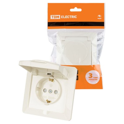Розетка 2П+З с защ. шт. и крышкой 16А 250В IP44 сл. кость "Ильмень" TDM Розетка 2П+З с защ. шт. и крышкой 16А 250В IP44 сл. кость "Ильмень" TDM