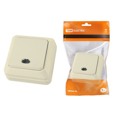 Выключатель 1-кл. открытой установки с подсветкой IP20 10А, сл. кость "Ладога" TDM Выключатель 1-кл. открытой установки с подсветкой IP20 10А, сл. кость "Ладога" TDM