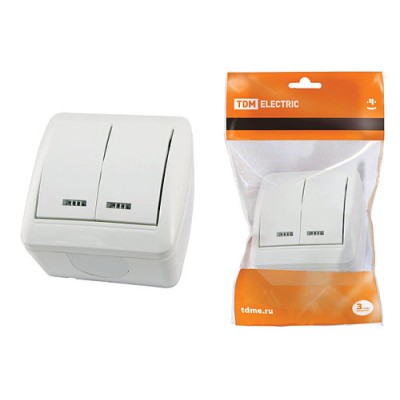 Выключатель 2-кл. открытой установки с подсветкой IP44 10А белый "Селигер" TDM Выключатель 2-кл. открытой установки с подсветкой IP44 10А белый "Селигер" TDM