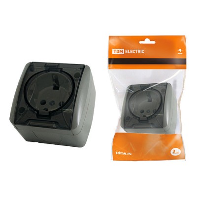 Розетка 2П+3 открытой установки IP54 16А с прозрачной крышкой серая "Селигер" TDM Розетка 2П+3 открытой установки IP54 16А с прозрачной крышкой серая "Селигер" TDM