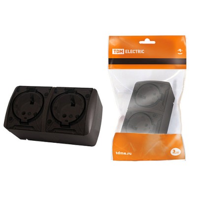Розетка двойная 2П+3 открытой установки IP54 16А с прозрачной крышкой шоколад "Селигер" TDM Розетка двойная 2П+3 открытой установки IP54 16А с прозрачной крышкой шоколад "Селигер" TDM