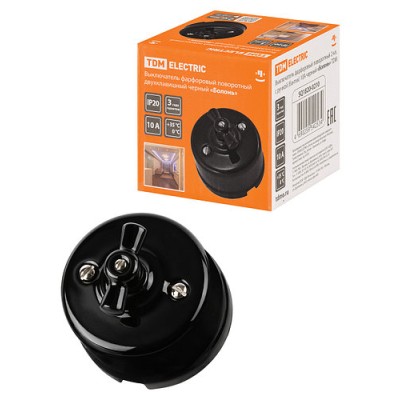 Выключатель фарфоровый поворотный 2-кл. с ручкой (бантик) 10А черный «Болонь» TDM Выключатель фарфоровый поворотный 2-кл. с ручкой (бантик) 10А черный «Болонь» TDM