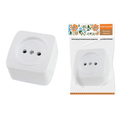 Розетка 2П открытой установки IP20 10А, белая "Дача" Народная Розетка 2П открытой установки IP20 10А, белая "Дача" Народная