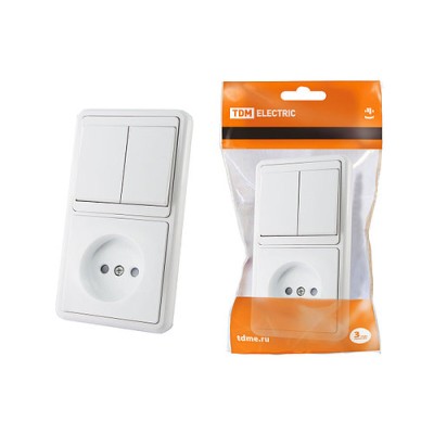 Блок комбинированный БКВР 2-х кл. выкл + розетка 2П с з/ш TDM Блок комбинированный БКВР 2-х кл. выкл + розетка 2П с з/ш TDM