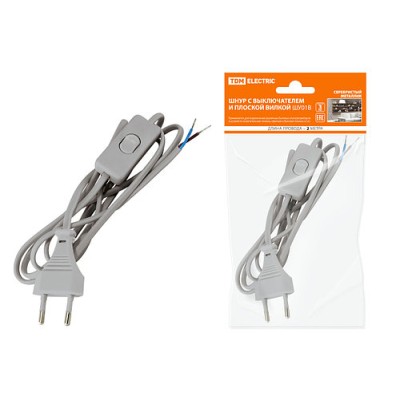 Шнур с выключателем и плоской вилкой ШУ01В ШВВП 2х0,75мм2 2м. серебр. металлик TDM Шнур с выключателем и плоской вилкой ШУ01В ШВВП 2х0,75мм2 2м. серебр. металлик TDM