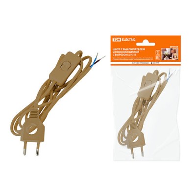 Шнур с выключателем и плоской вилкой с вырезом ШУ03В ШВВП 2х0,75мм2 2 м. бронза TDM Шнур с выключателем и плоской вилкой с вырезом ШУ03В ШВВП 2х0,75мм2 2 м. бронза TDM