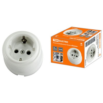 Розетка фарфоровая 2П+З 16А 250В белая «Болонь» TDM Розетка фарфоровая 2П+З 16А 250В белая «Болонь» TDM