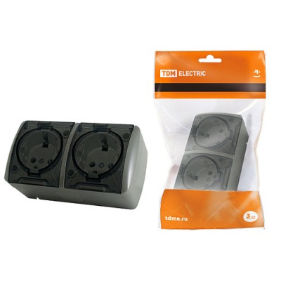 Розетка двойная 2П+3 открытой установки IP54 16А с прозрачной крышкой серая "Селигер" TDM Розетка двойная 2П+3 открытой установки IP54 16А с прозрачной крышкой серая "Селигер" TDM