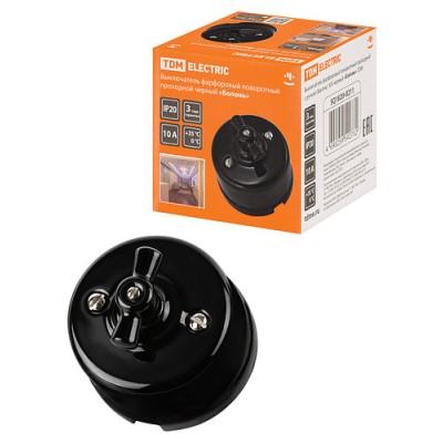 Выключатель фарфоровый поворотный проходной с ручкой (бантик) 10А черный «Болонь» TDM Выключатель фарфоровый поворотный проходной с ручкой (бантик) 10А черный «Болонь» TDM