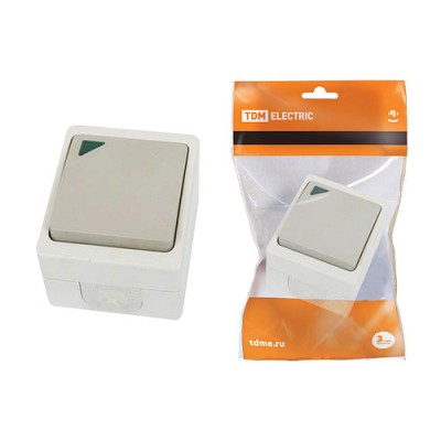 Переключатель на 2 направления 1-кл. с подсветкой открытой установки IP54 10А серый "Вуокса" TDM Переключатель на 2 направления 1-кл. с подсветкой открытой установки IP54 10А серый "Вуокса" TDM