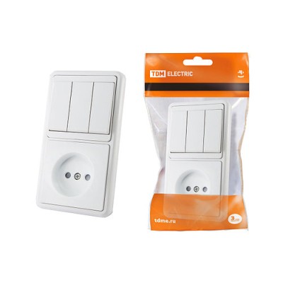 Блок комбинированный БКВР 3-х кл. выкл + розетка 2П с з/ш TDM Блок комбинированный БКВР 3-х кл. выкл + розетка 2П с з/ш TDM