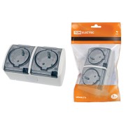 Розетка двойная 2П+3 открытой установки IP54 16А с прозрачной крышкой белая "Селигер" TDM