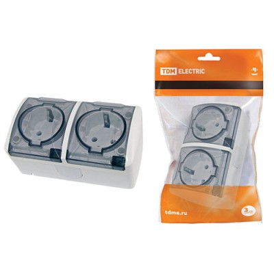 Розетка двойная 2П+3 открытой установки IP54 16А с прозрачной крышкой белая "Селигер" TDM Розетка двойная 2П+3 открытой установки IP54 16А с прозрачной крышкой белая "Селигер" TDM