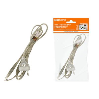 Шнур с выключателем и плоской вилкой с вырезом ШУ03В ШВВП 2х0,75мм2 2 м. прозрачный TDM Шнур с выключателем и плоской вилкой с вырезом ШУ03В ШВВП 2х0,75мм2 2 м. прозрачный TDM