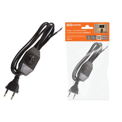 Шнур с плоской вилкой и светорегулятором ШУ05С2 (200Вт, RL) ШВВП 2х0,75мм2 2м. черный TDM Шнур с плоской вилкой и светорегулятором ШУ05С2 (200Вт, RL) ШВВП 2х0,75мм2 2м. черный TDM