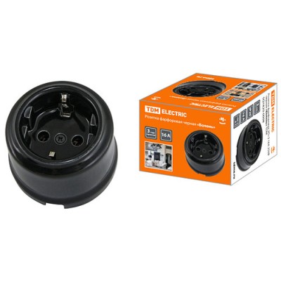 Розетка фарфоровая 2П+З 16А 250В черная «Болонь» TDM Розетка фарфоровая 2П+З 16А 250В черная «Болонь» TDM