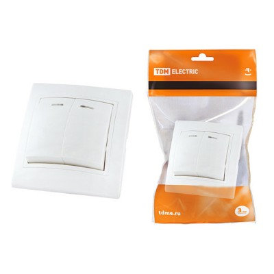 Выключатель 2 кл. с подсветкой 10А белый "Таймыр" TDM Выключатель 2 кл. с подсветкой 10А белый "Таймыр" TDM