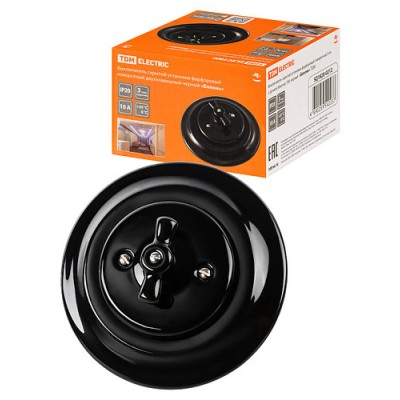 Выключатель скрытой установки фарфоровый поворотный 2-кл. с ручкой (бантик) 10А черный «Болонь» TDM Выключатель скрытой установки фарфоровый поворотный 2-кл. с ручкой (бантик) 10А черный «Болонь» TDM