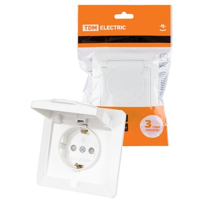 Розетка 2П+З с защ. шт. и крышкой 16А 250В IP44 белая "Ильмень" TDM Розетка 2П+З с защ. шт. и крышкой 16А 250В IP44 белая "Ильмень" TDM