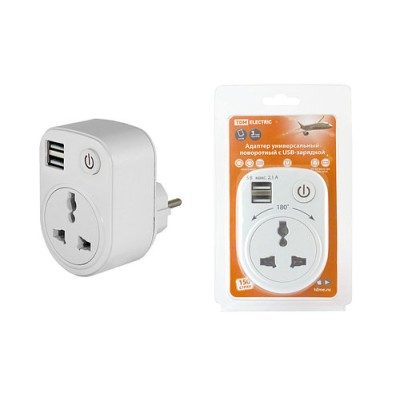 Адаптер универсальный поворотный с/з 250В 16А + 2USB 2.1A белый TDM Адаптер универсальный поворотный с/з 250В 16А + 2USB 2.1A белый TDM