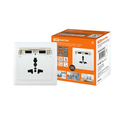 Блок мультифункциональный "Сенеж 1" 2П 10А 250В + 2 USВ-порта для зарядки 5В 2,1А белый TDM Блок мультифункциональный "Сенеж 1" 2П 10А 250В + 2 USВ-порта для зарядки 5В 2,1А белый TDM