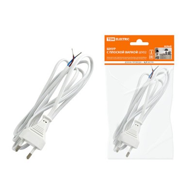 Шнур с плоской вилкой ШУ02 ШВВП 2х0,75мм2 1,7 м. белый TDM Шнур с плоской вилкой ШУ02 ШВВП 2х0,75мм2 1,7 м. белый TDM