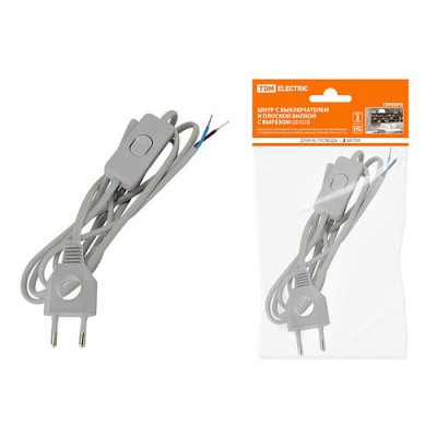 Шнур с выключателем и плоской вилкой с вырезом ШУ03В ШВВП 2х0,75мм2 2 м. серебр. металлик TDM Шнур с выключателем и плоской вилкой с вырезом ШУ03В ШВВП 2х0,75мм2 2 м. серебр. металлик TDM