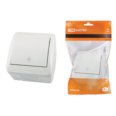 Выключатель на 2 направления 1-кл. открытой установки IP44 10А белый "Селигер" TDM Выключатель на 2 направления 1-кл. открытой установки IP44 10А белый "Селигер" TDM