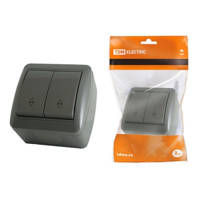 Выключатель на 2 направления 2-кл. открытой установки IP44 10А серый "Селигер" TDM Выключатель на 2 направления 2-кл. открытой установки IP44 10А серый "Селигер" TDM