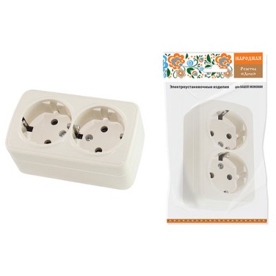 Розетка двойная 2П+3 открытой установки IP20 16А, сл. кость "Дача" Народная Розетка двойная 2П+3 открытой установки IP20 16А, сл. кость "Дача" Народная