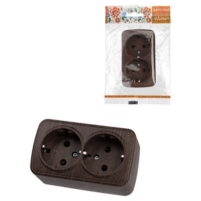 Розетка двойная 2П+3 открытой установки IP20 16А, венге "Дача" Народная Розетка двойная 2П+3 открытой установки IP20 16А, венге "Дача" Народная