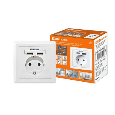 Блок мультифункциональный "Сенеж 2" 2П+3 16А 250В + 2 USВ-порта для зарядки 5В 2,1А белый TDM Блок мультифункциональный "Сенеж 2" 2П+3 16А 250В + 2 USВ-порта для зарядки 5В 2,1А белый TDM