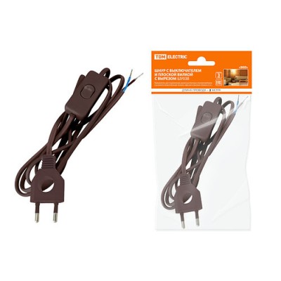 Шнур с выключателем и плоской вилкой с вырезом ШУ03В ШВВП 2х0,75мм2 2 м. коричневый "ЭКО" TDM Шнур с выключателем и плоской вилкой с вырезом ШУ03В ШВВП 2х0,75мм2 2 м. коричневый "ЭКО" TDM